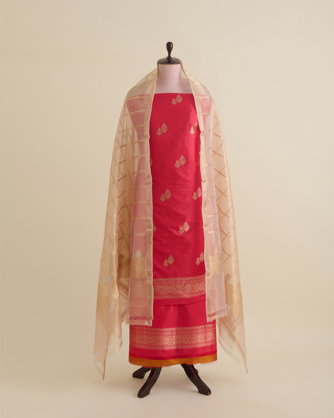 Tomato Pink Pure Silk Hand Woven Suit with Dupatta