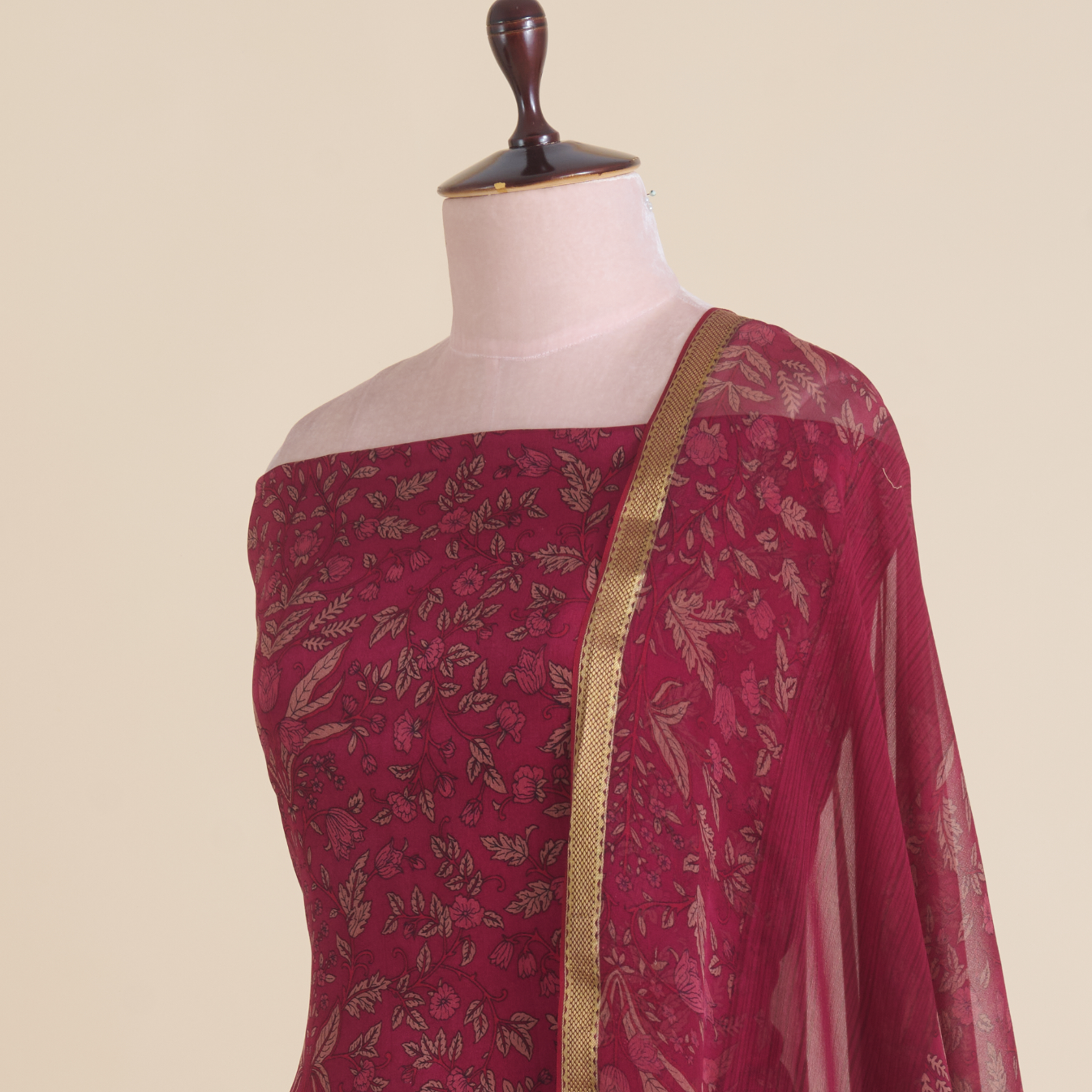 Wine Pure Crepe Printed Suit with Georgette Border Dupatta