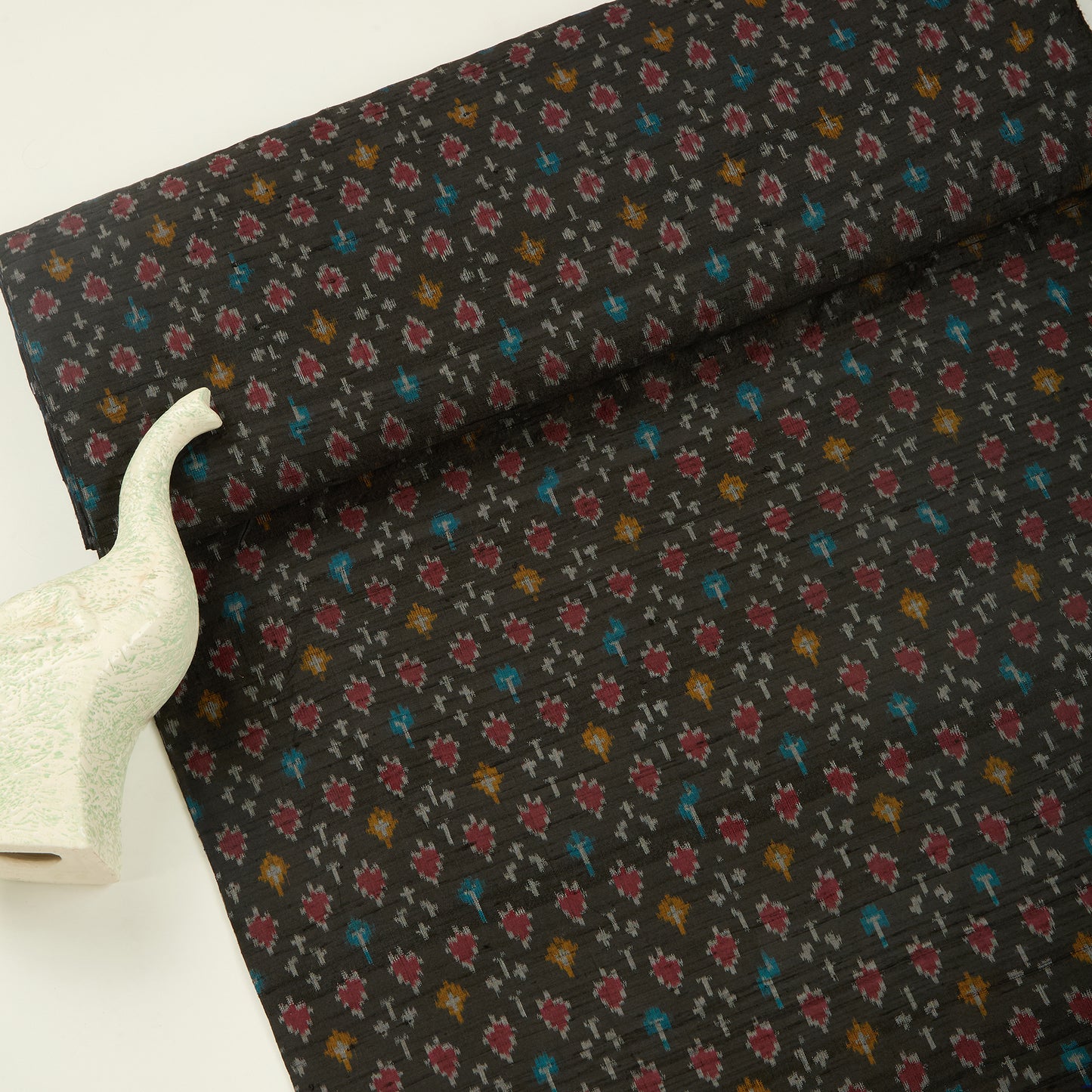 Black Raw Silk Ikat Fabric