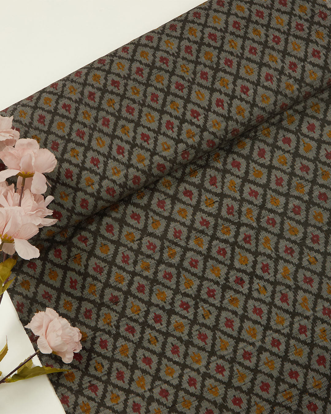 Black-Grey Raw Silk Ikat Fabric