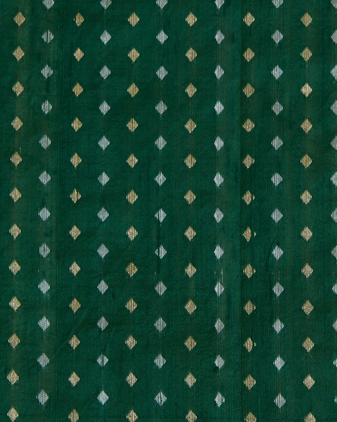 Bottle Green Raw Silk Gold & Silver Diamond Woven Fabric