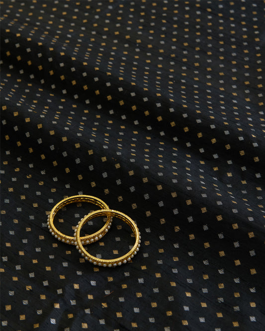 Black Raw Silk Fabric with Gold & Silver Diamond Weave