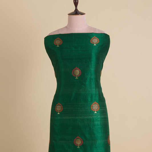 Dark Green Raw Silk Handloom Mina Butta Fabric