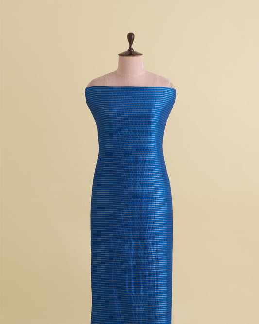 Raw Silk Midnight Blue Fabric with Silver Zari Strips & Satin Border