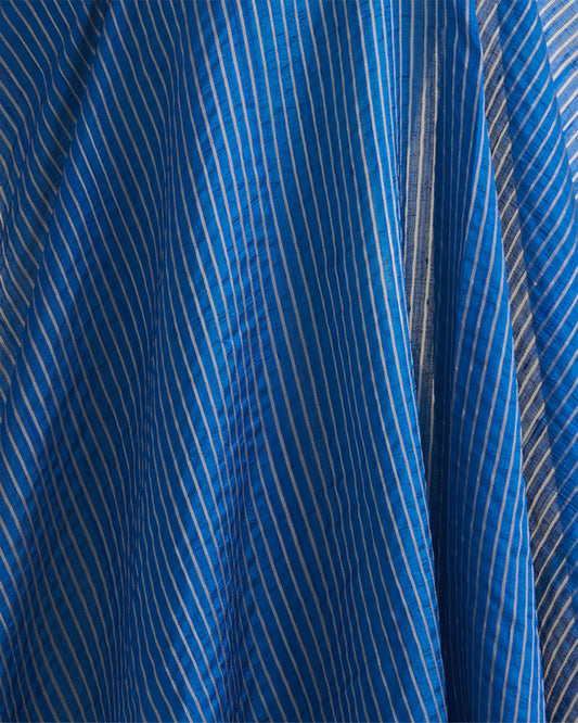 Raw Silk Midnight Blue Fabric with Silver Zari Strips & Satin Border