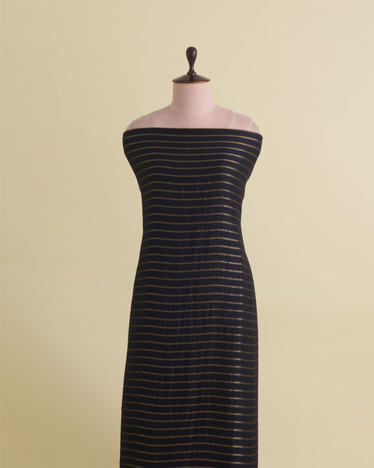 Navy Blue Raw Silk Fabric with Gold Stripes