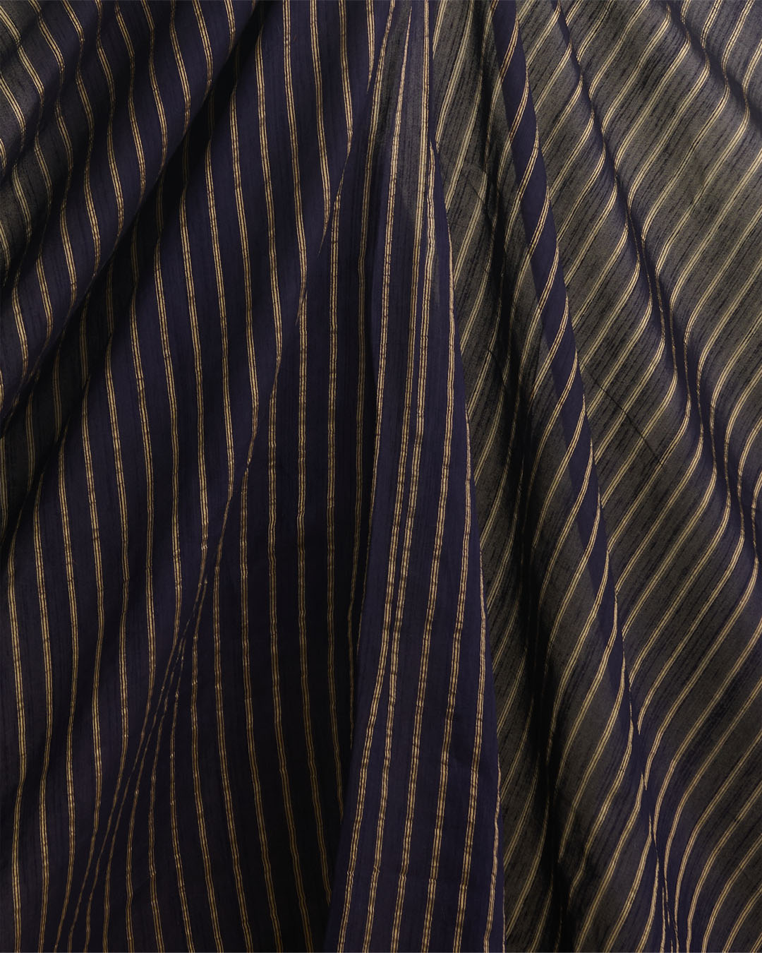 Navy Blue Raw Silk Fabric with Gold Stripes