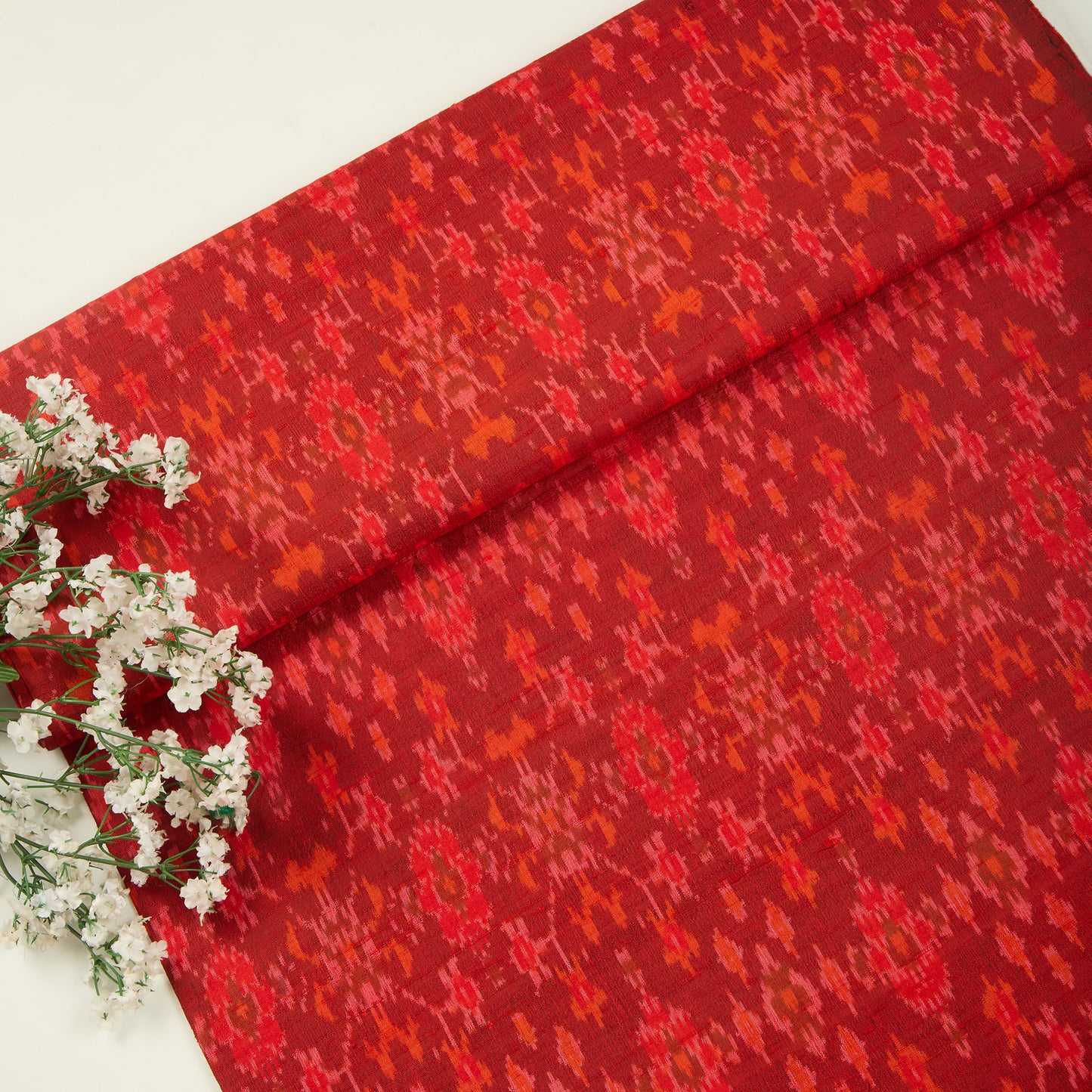 Red Raw Silk Ikat Fabric
