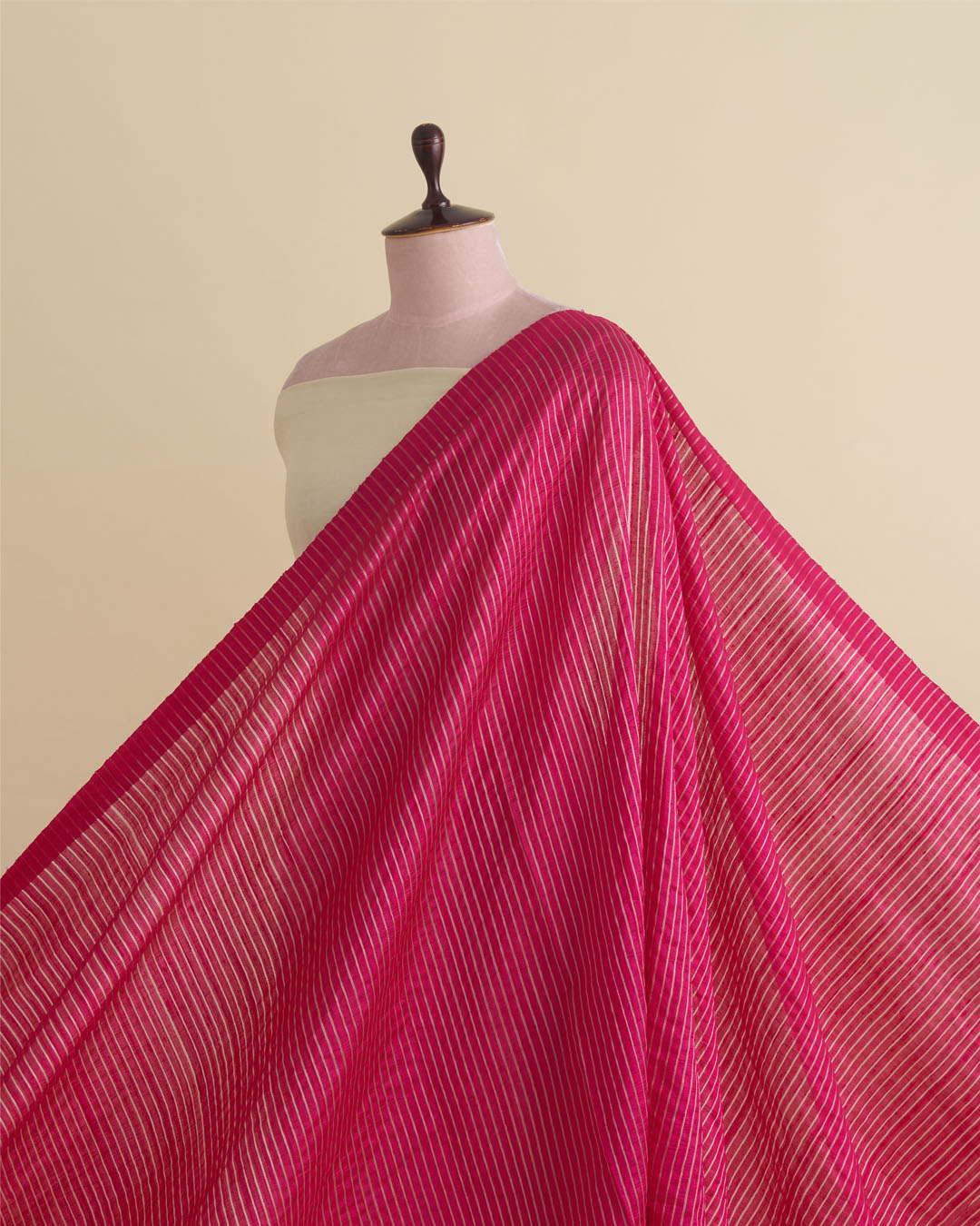 Rani Pink Raw Silk Fabric with Silver Zari Strips and Satin Border