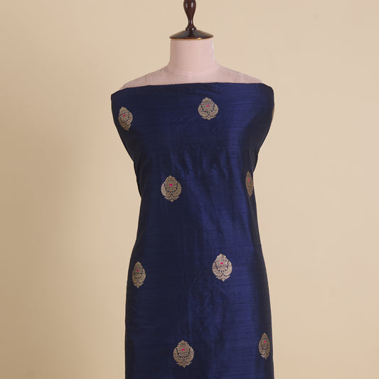 Navy Blue Raw Silk Handloom Mina Butta Fabric