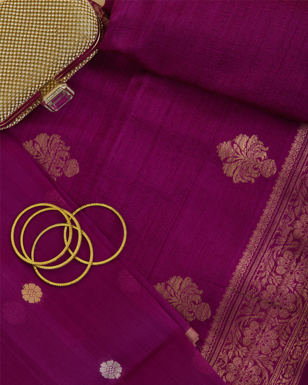 Magenta Raw Silk Suit with Woven Butta Kurta and Organza Dupatta