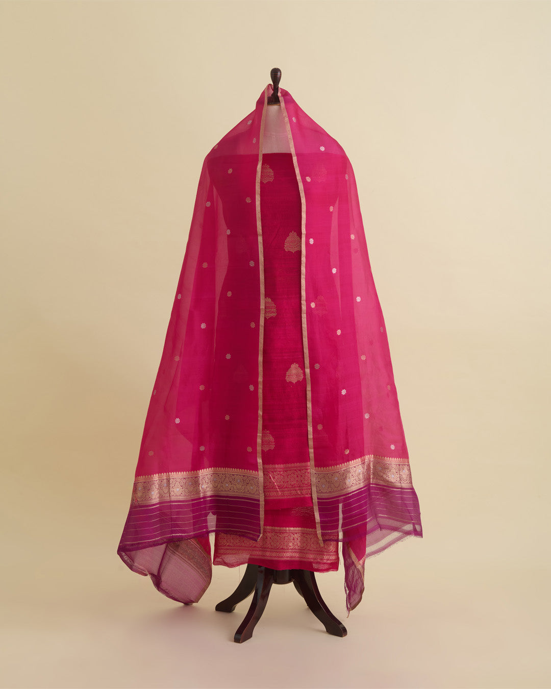 Rani Pink Raw Silk Suit with Woven Butta Kurta and Organza Dupatta