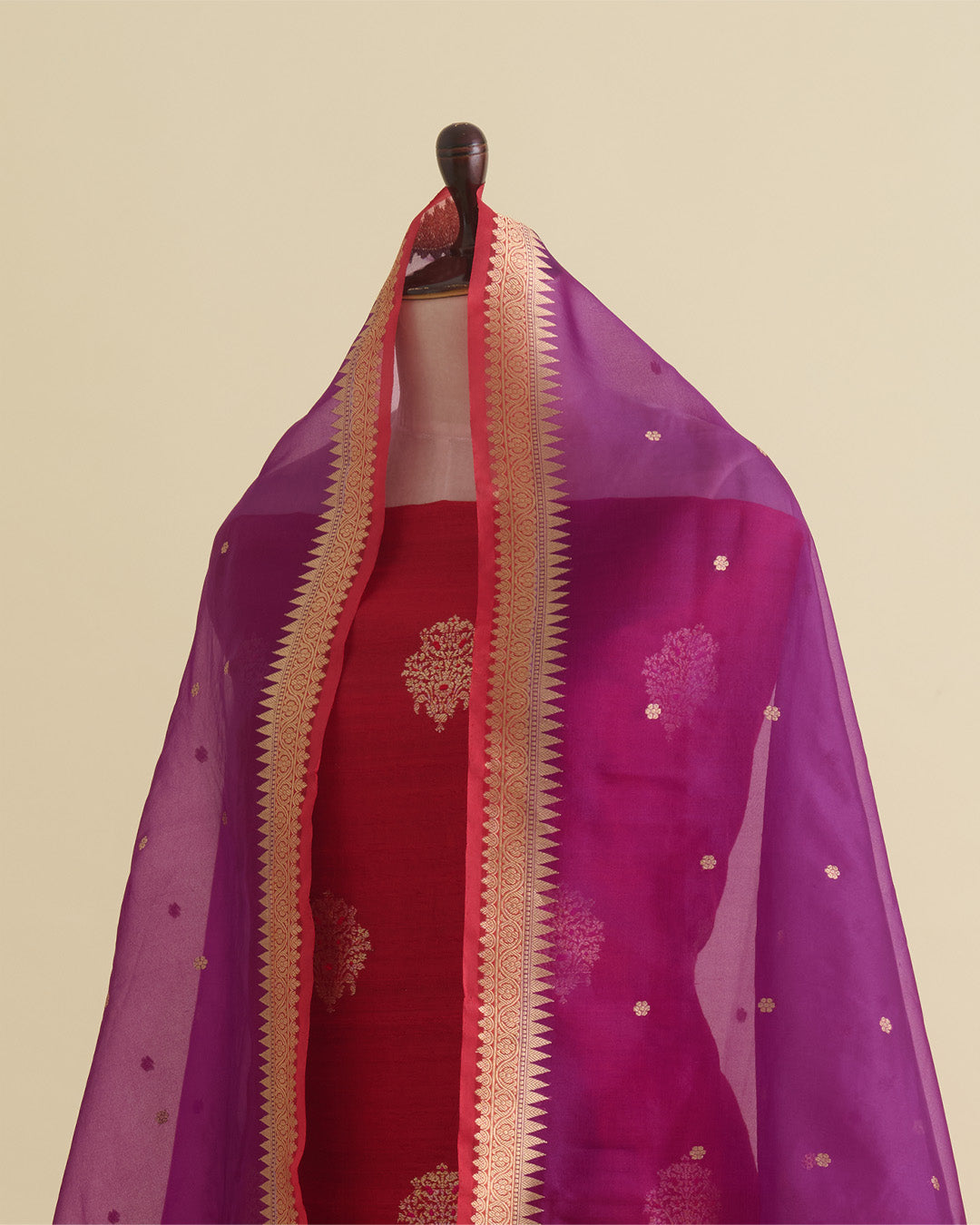 Red Raw Silk Suit with Woven Butta Kurta and Silk Organza Dupatta