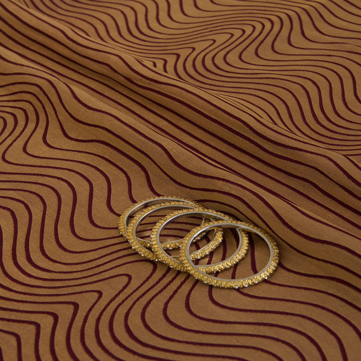 Brown Silk Brocade Gold Geometric Woven Fabric