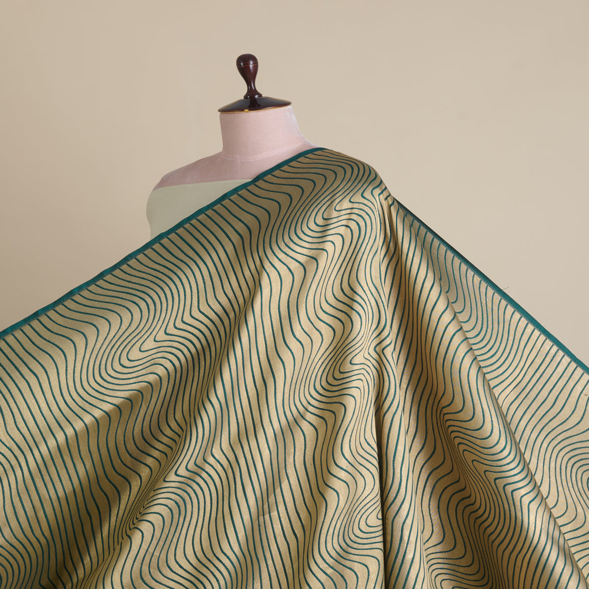 Bottle Green Silk Brocade Gold Geometric Woven Fabric