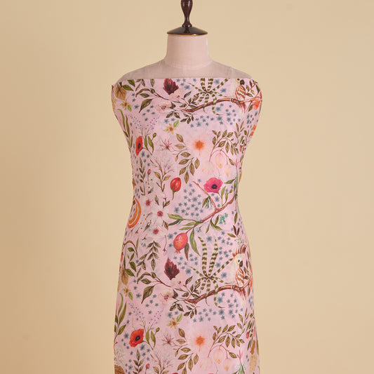 Baby Pink Semi Tussar Silk Floral Fabric