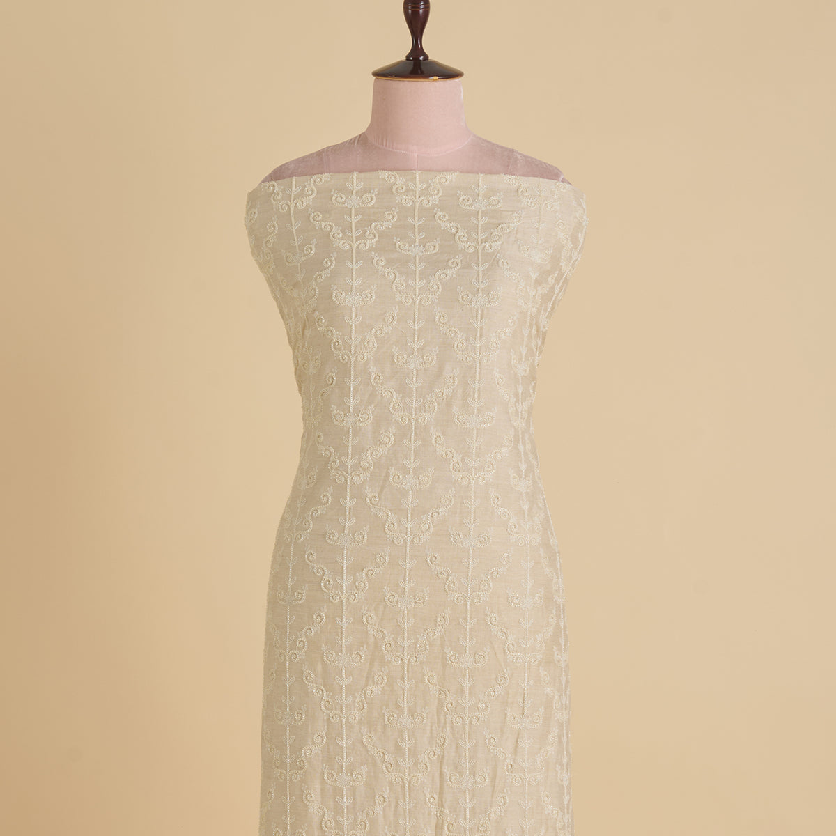 Beige Spun Tussar Thread & Cut-Dana Jaal Embroidered Fabric