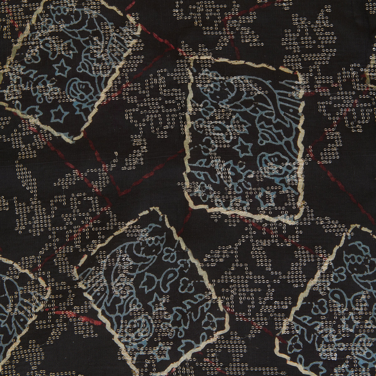 Black Slub Silk Ajrakh Printed Fabric