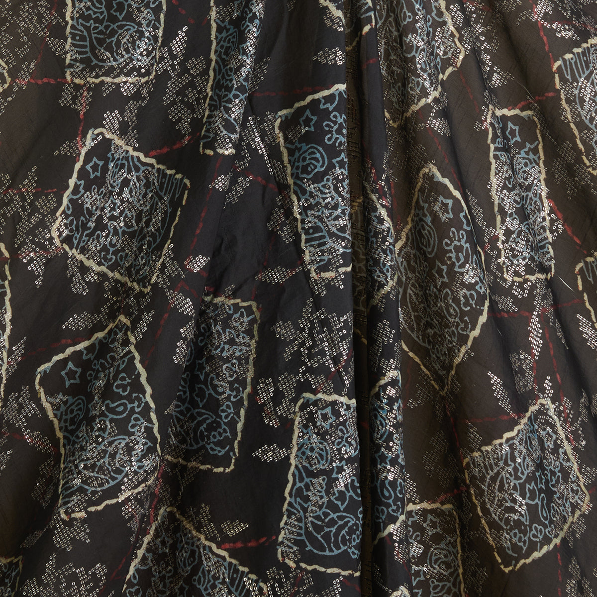 Black Slub Silk Ajrakh Printed Fabric
