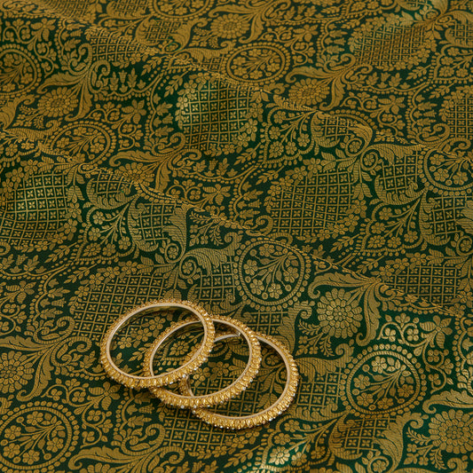 Bottle Green Silk Brocade Gold Jaal Fabric