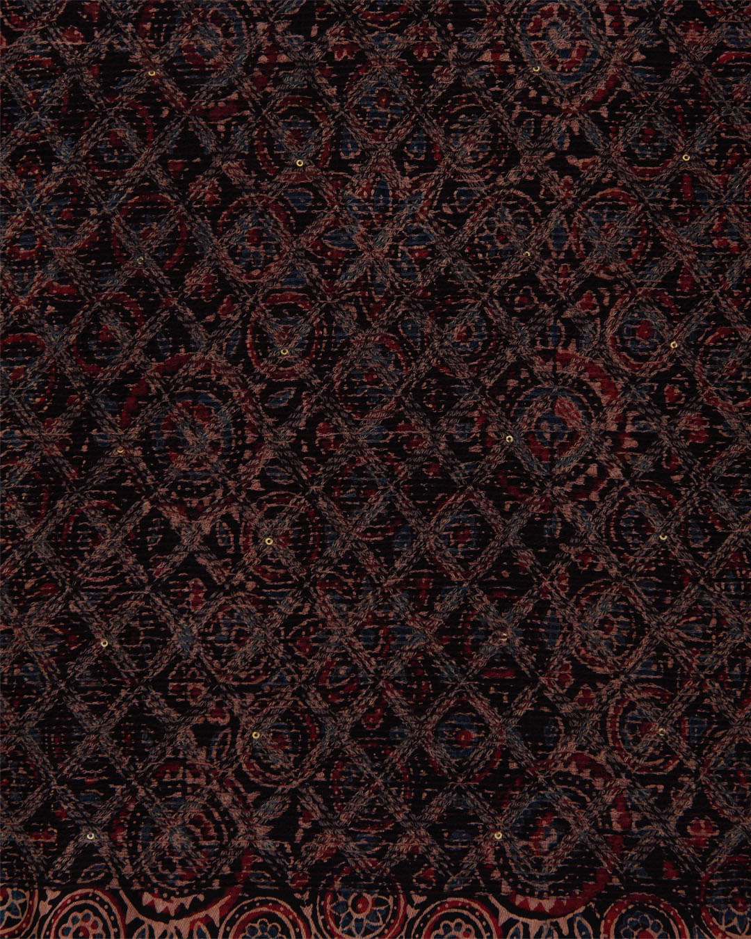 Slub Silk Ajrakh Printed With Stitches & Sequins Embroidery Fabric Black