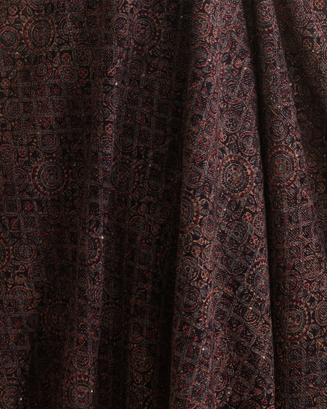 Slub Silk Ajrakh Printed With Stitches & Sequins Embroidery Fabric Black