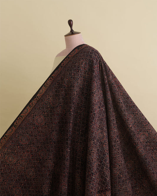 Slub Silk Ajrakh Printed With Stitches & Sequins Embroidery Fabric Black