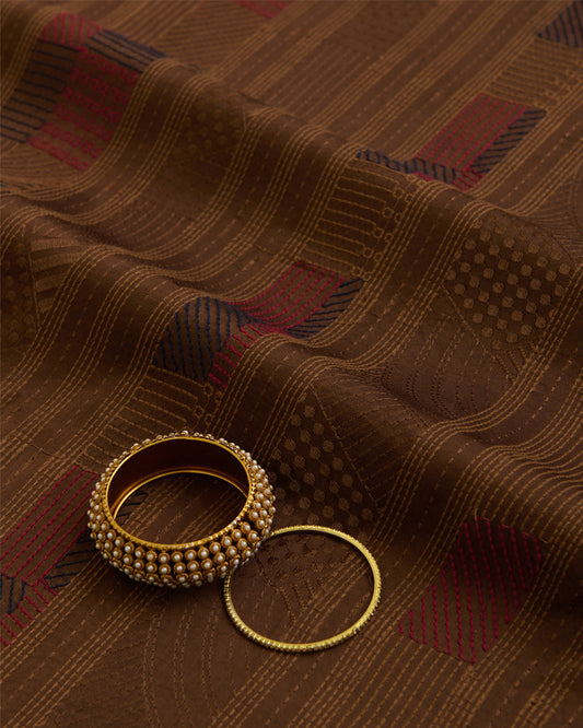 Satin Dupion Fabric with Thread Geometric Embroidery Brown