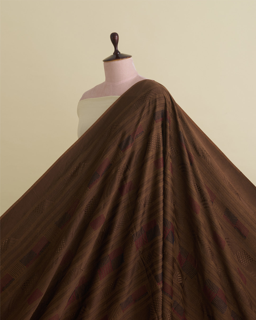 Brown Satin Dupion Fabric with Thread Geometric Embroidery