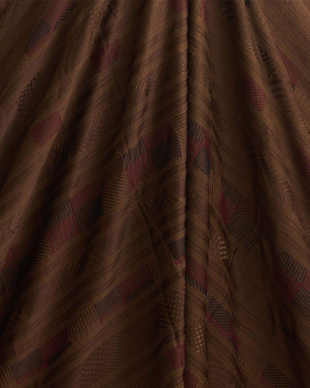 Brown Satin Dupion Fabric with Thread Geometric Embroidery