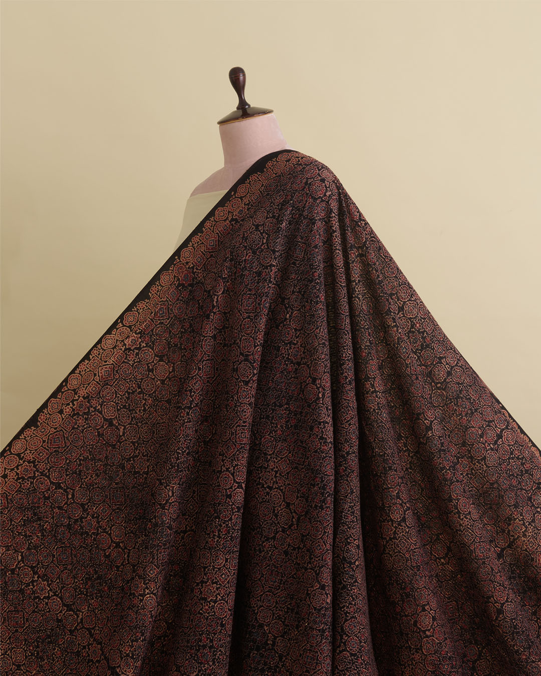 Slub Silk Ajrakh Printed With Stitches Embroidery Fabric Black