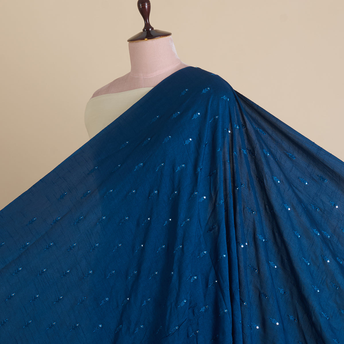 Dark Blue Slub Silk Mirror Work Fabric
