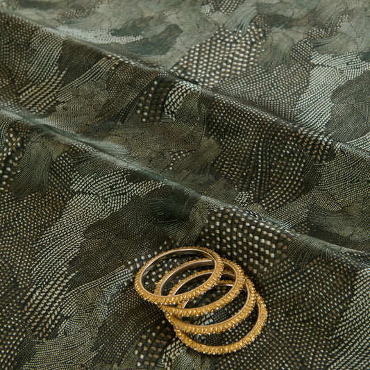 Dark Green Satin Silk Abstract Print Fabric