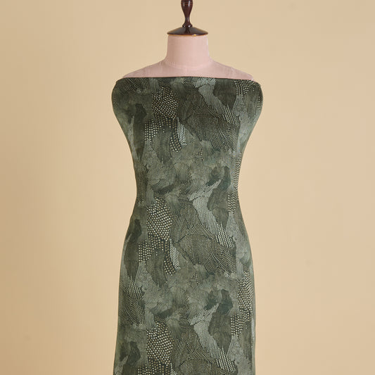 Dark Green Satin Silk Abstract Print Fabric