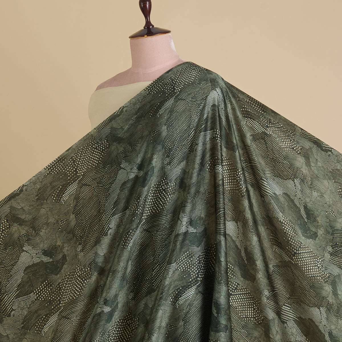 Dark Green Satin Silk Abstract Print Fabric