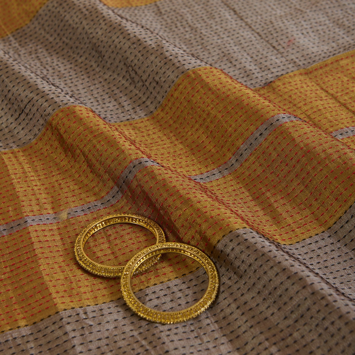 Gold Silver Silk Tissue Patta with Kantha Stitch Fabric