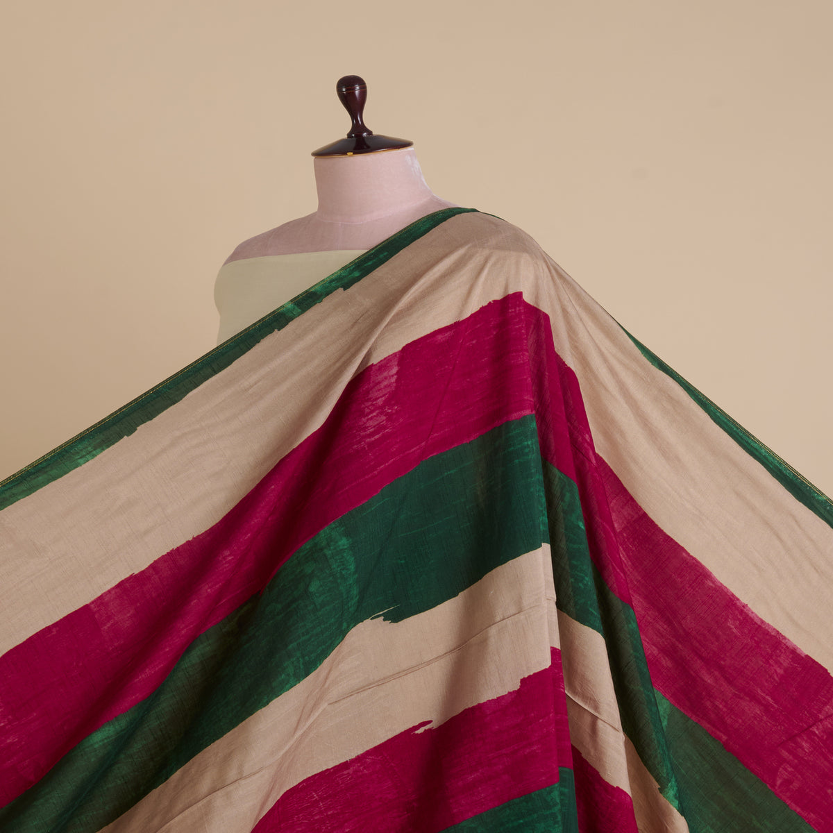 Green Red Slub Silk Digital Printed Multi Patta Fabric