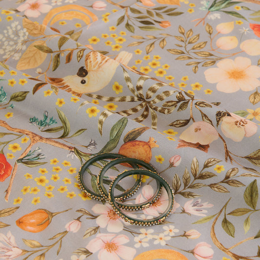 Grey Semi Tussar Silk Floral Printed Fabric