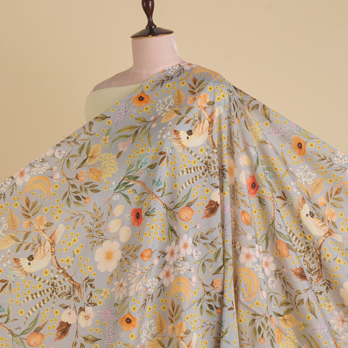 Grey Semi Tussar Silk Floral Printed Fabric