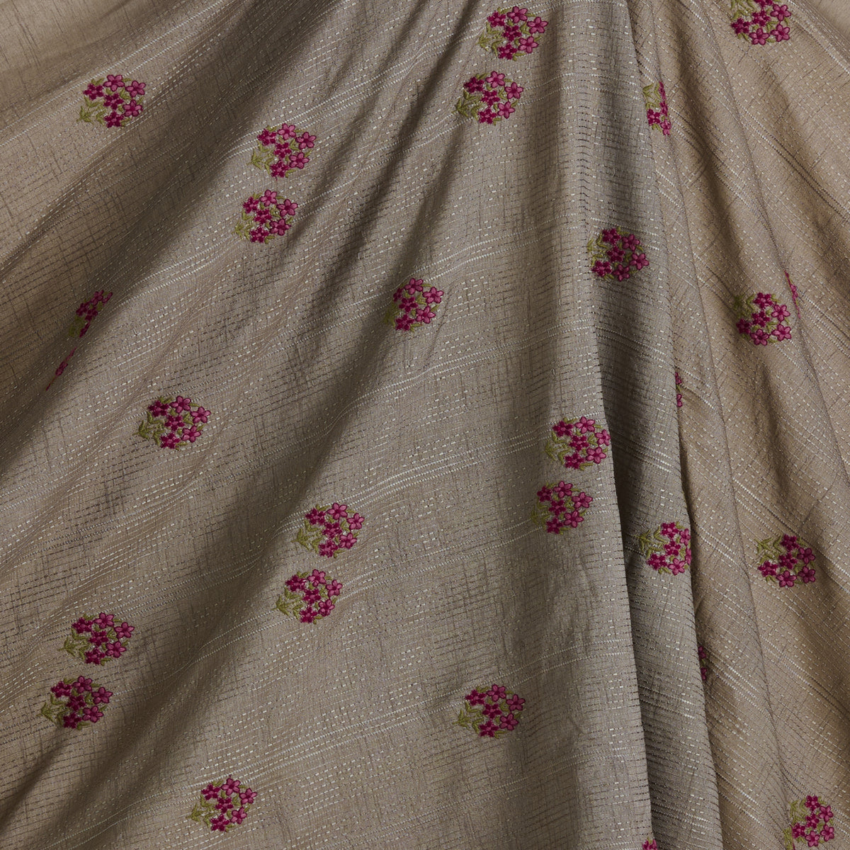 Grey Slub Silk Thread Embroidery Stripes Buta Fabric