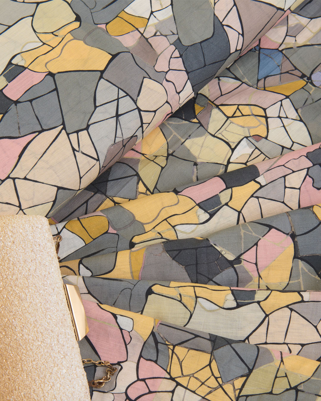 Grey Multi Slub Cotton Abstract Printed Fabric