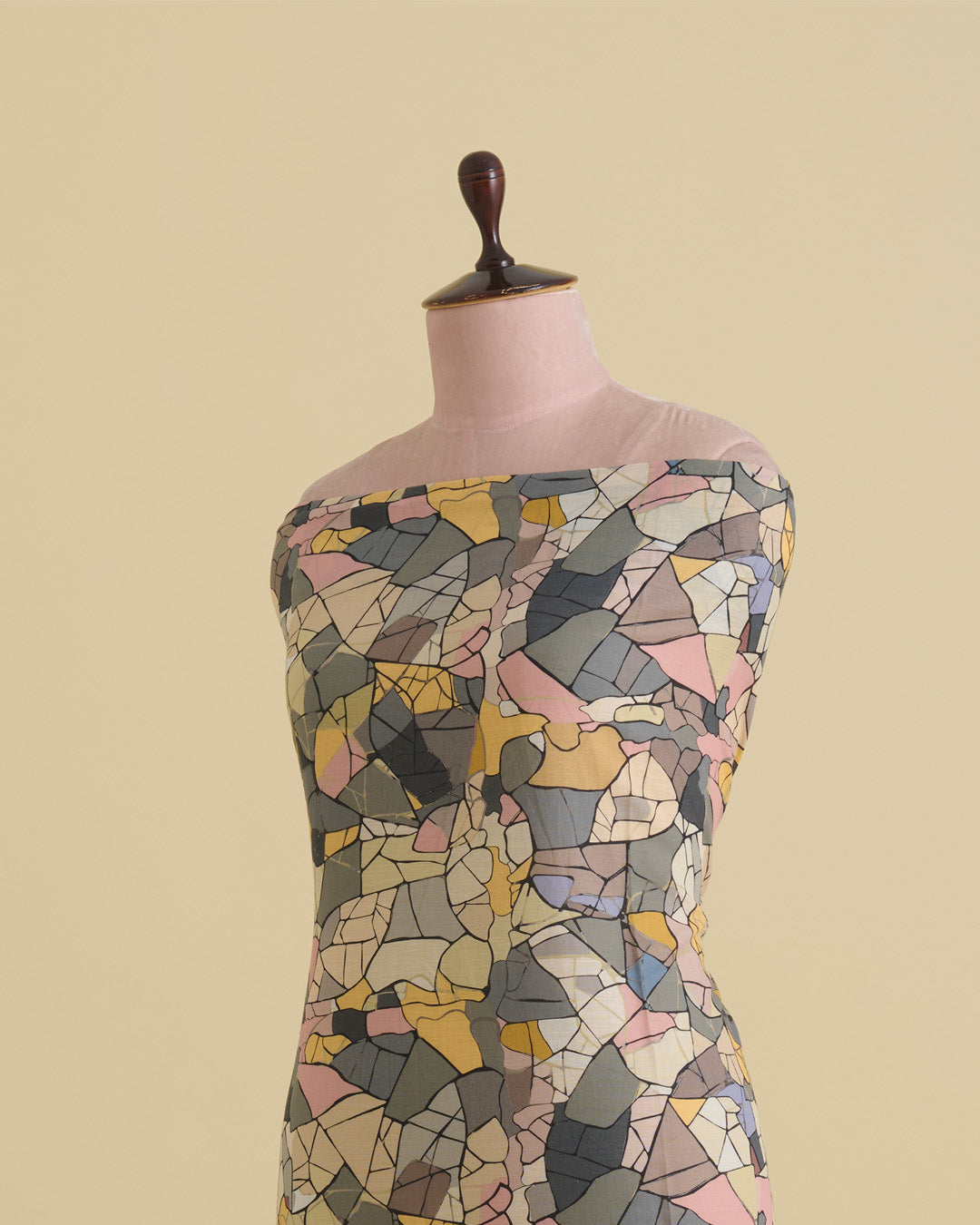 Grey Multi Slub Cotton Abstract Printed Fabric