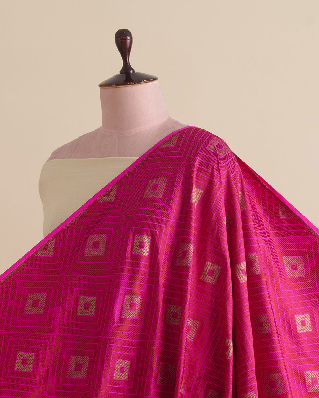 Hot Pink Silk Resham Geometric Antique Mina Brocade Fabric