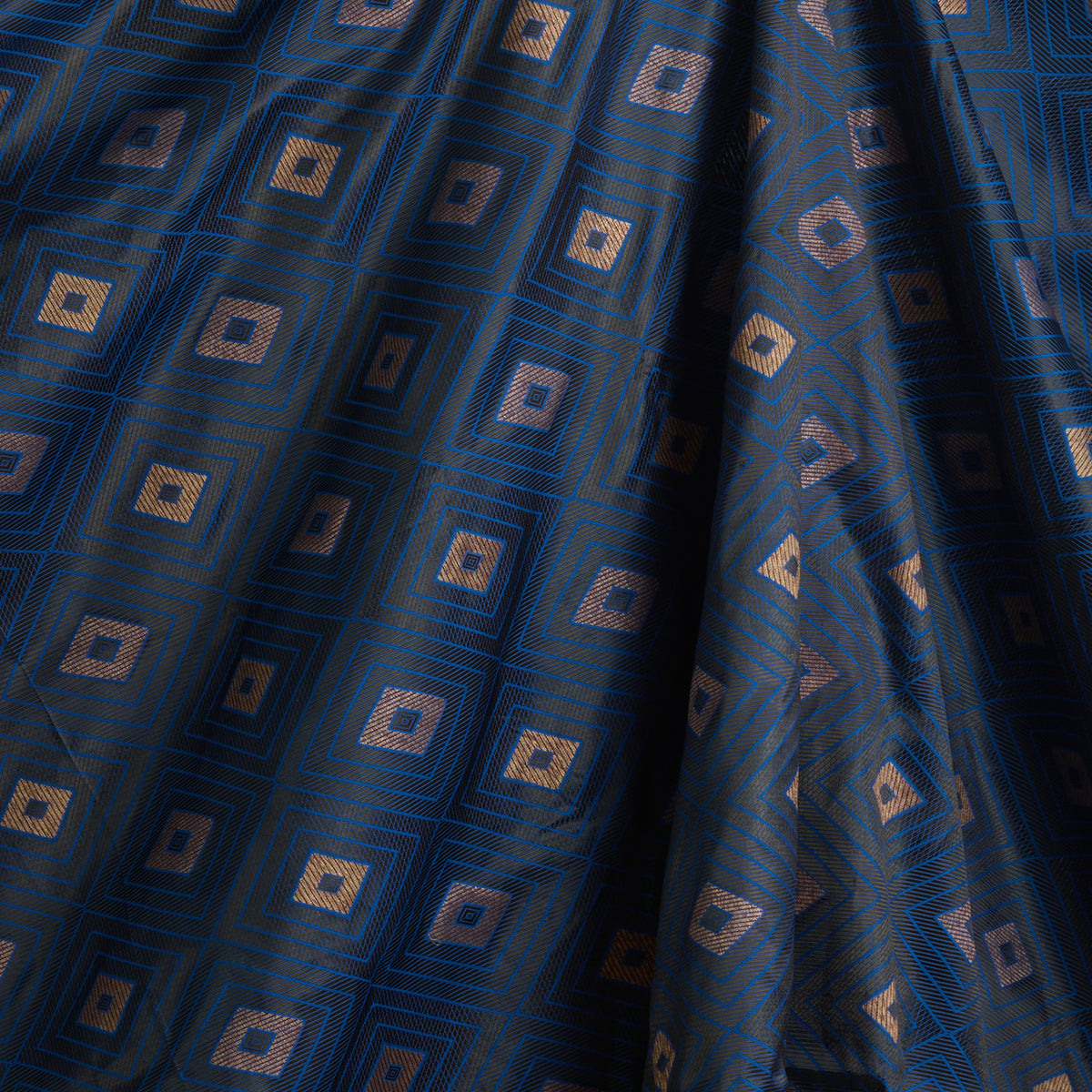 Imperial Blue Silk Resham Geometric Antique Mina Brocade Fabric