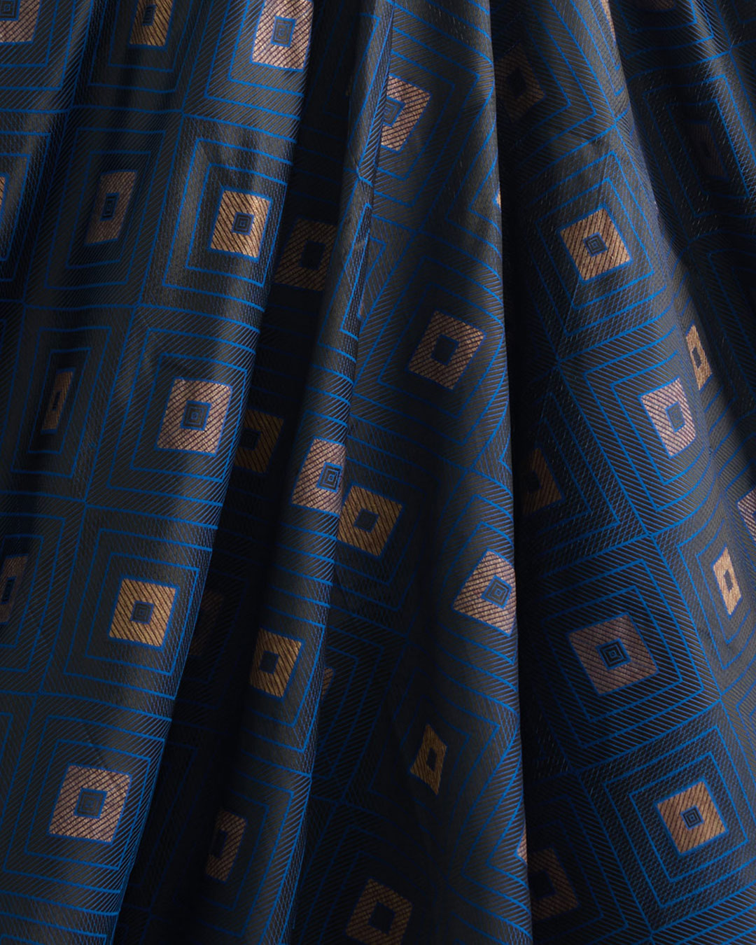 Imperial Blue Silk Resham Geometric Antique Mina Brocade Fabric