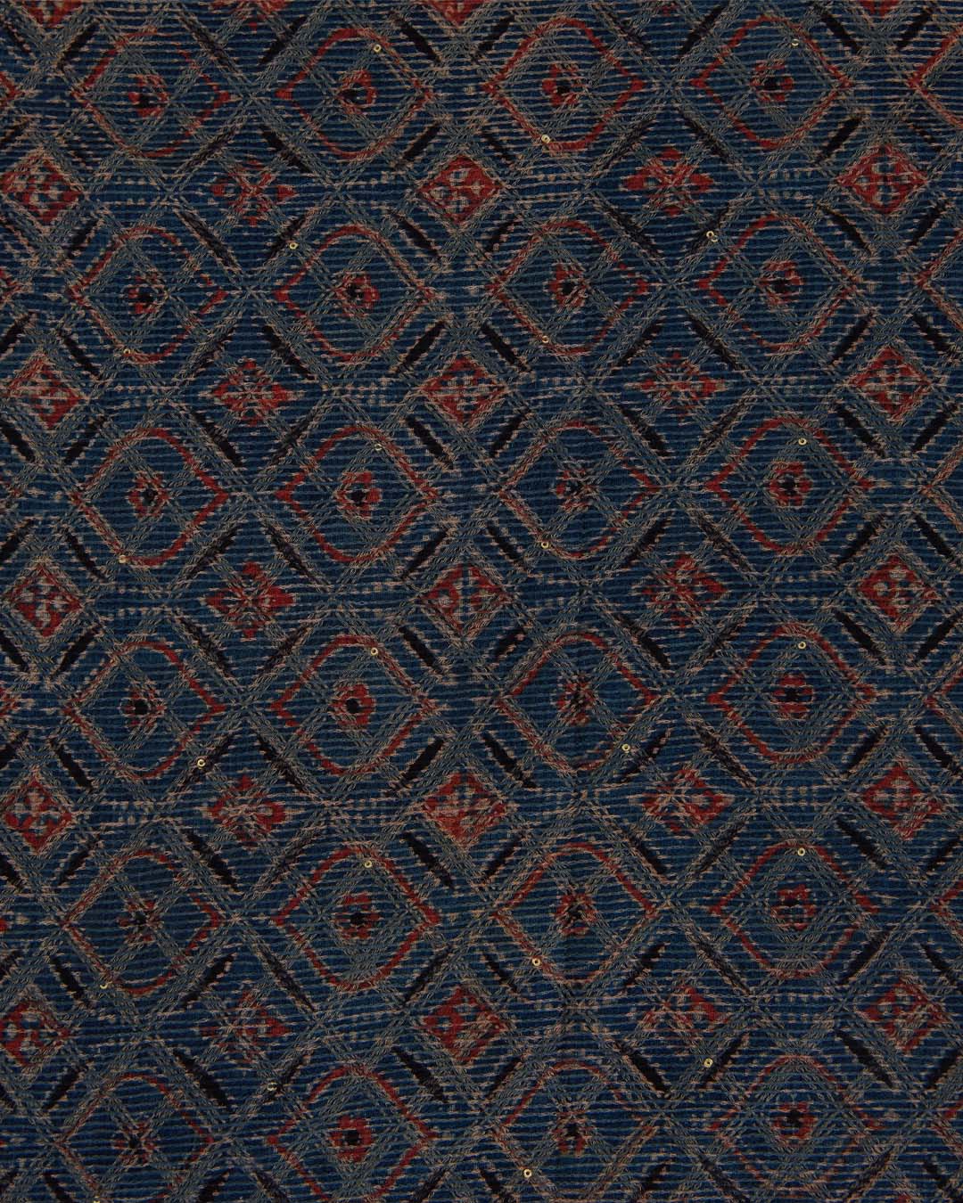 Slub Silk Ajrakh Printed Embroidery Fabric Indigo Blue