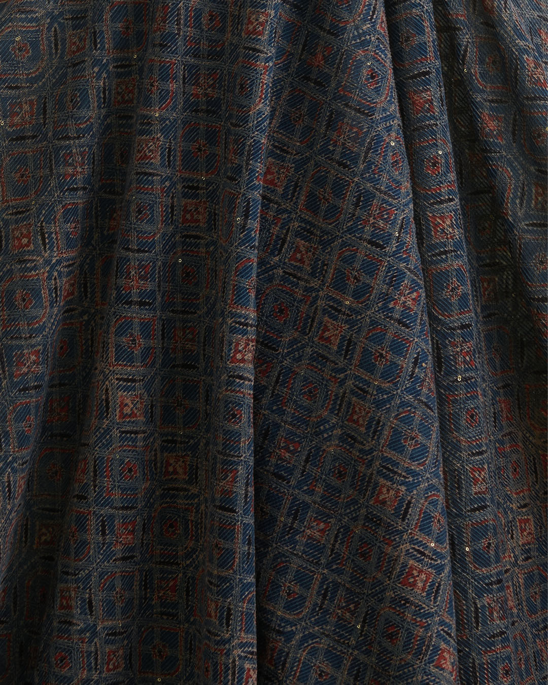 Slub Silk Ajrakh Printed Embroidery Fabric Indigo Blue