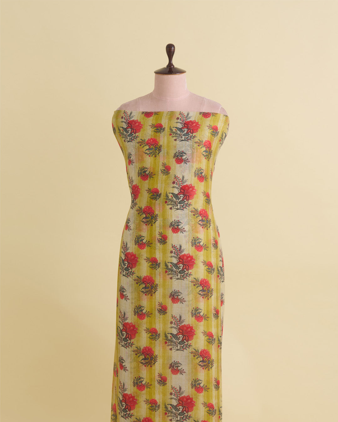 Lime Green Silk Chanderi Floral Buta Printed Fabric