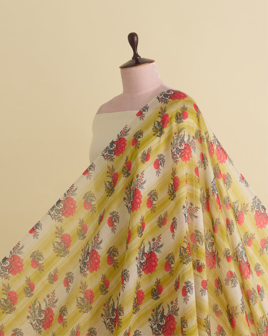 Lime Green Silk Chanderi Floral Buta Printed Fabric