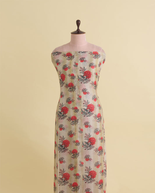 Light Beige Silk Chanderi Floral Buta Printed Fabric